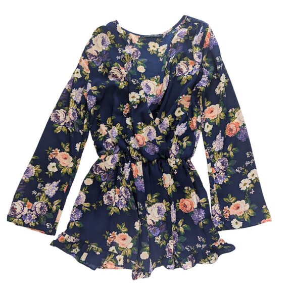 Honey Punch Dresses & Skirts - Honey Punch Navy Floral Wrap Romper – Long Sleeve, Ruffle Hem, Boho Romantic